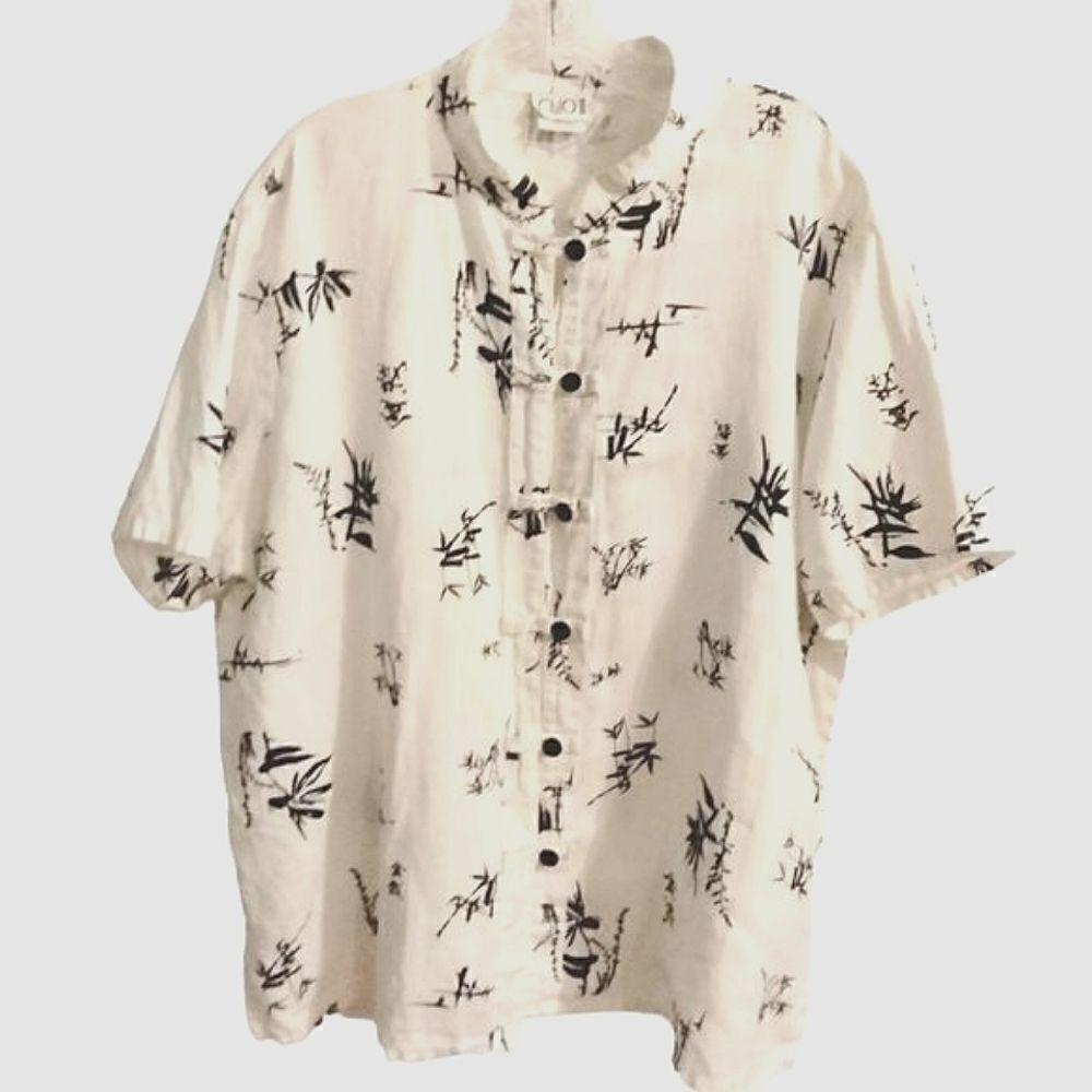 Clio II Vintage Linen Shirt Size 2X Short Sleeve Button Down White Black Bamboo
